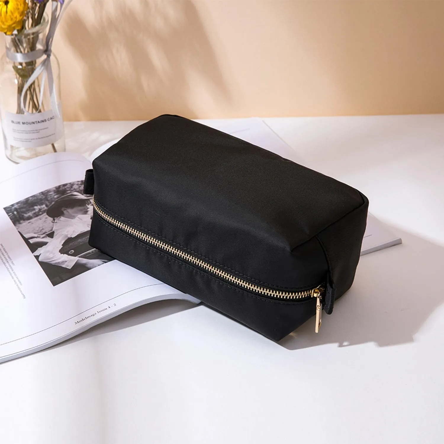 Organizer Bag Lightweight Cosmetic Bag with Ring Clasp Perfect Travel Makeup Bag for Women nylon Stand Up Design (Black/Nylon)
