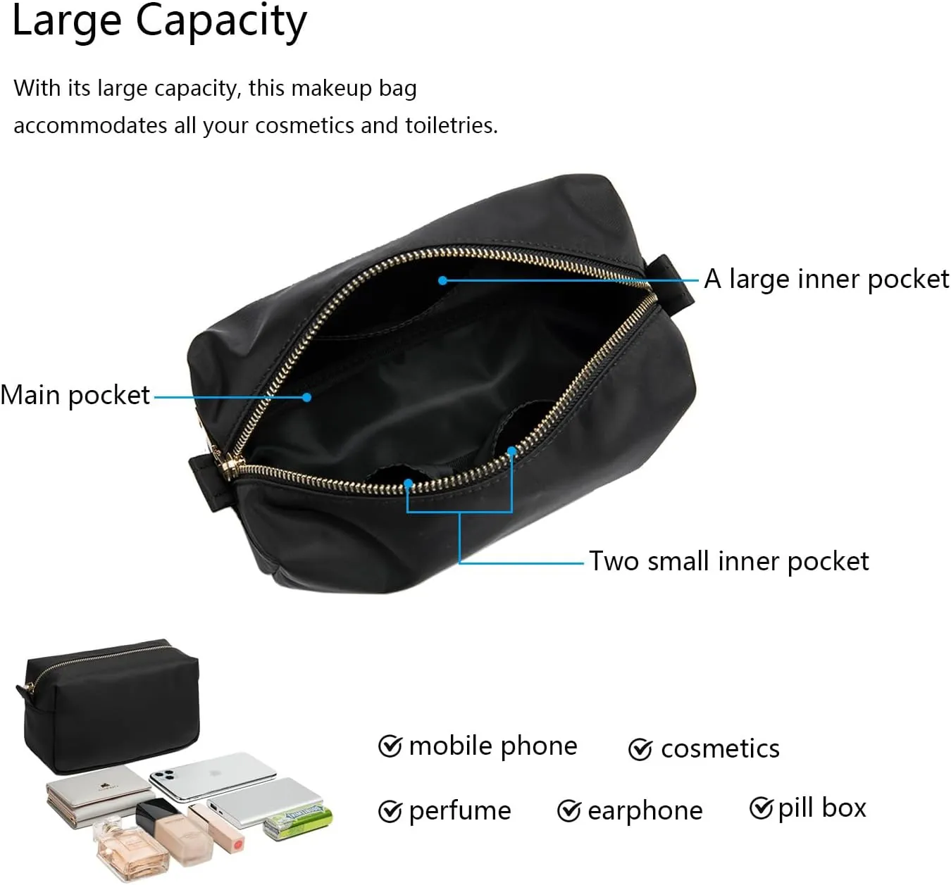Organizer Bag Lightweight Cosmetic Bag with Ring Clasp Perfect Travel Makeup Bag for Women nylon Stand Up Design (Black/Nylon)