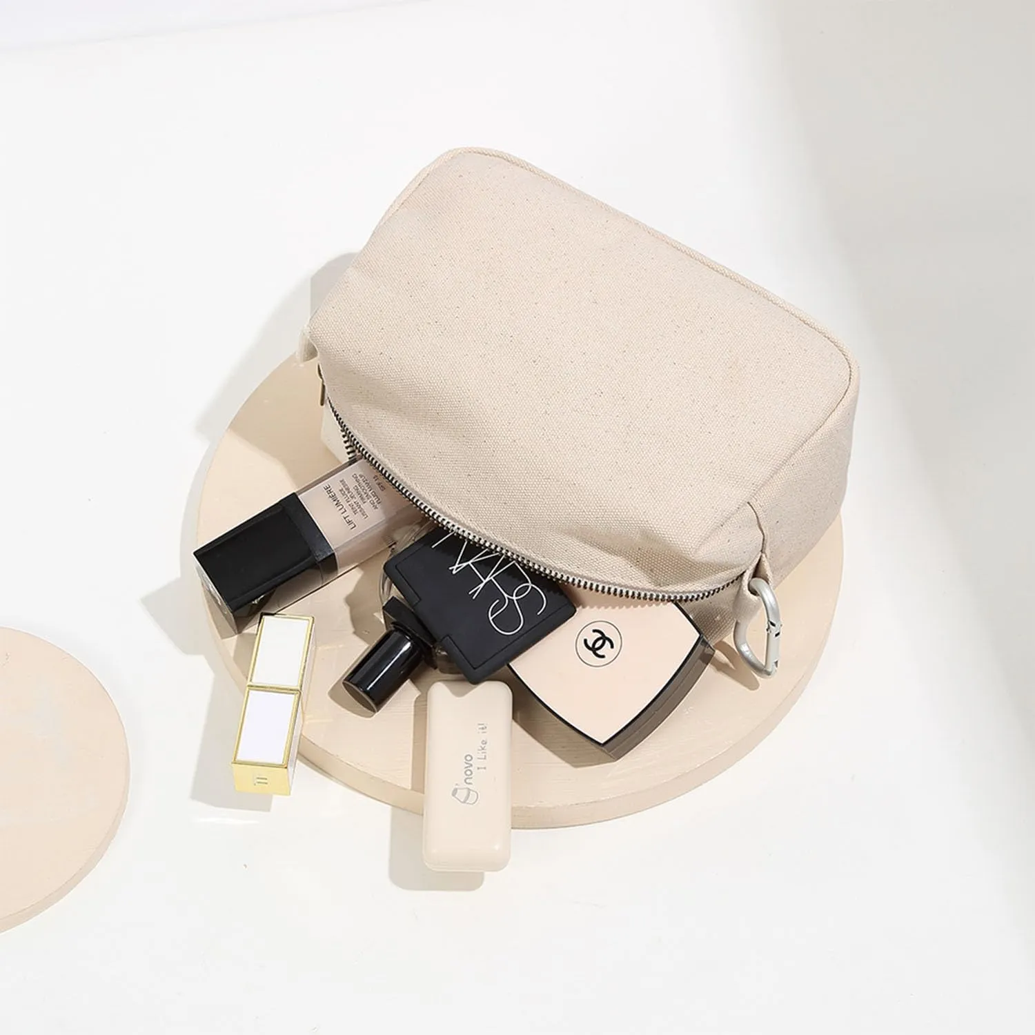 Organizer Bag -Lightweight Cosmetic Bag with Ring Clasp, Perfect Travel Makeup Bag for Women,nylon Stand Up Design (Beige/Canvas)