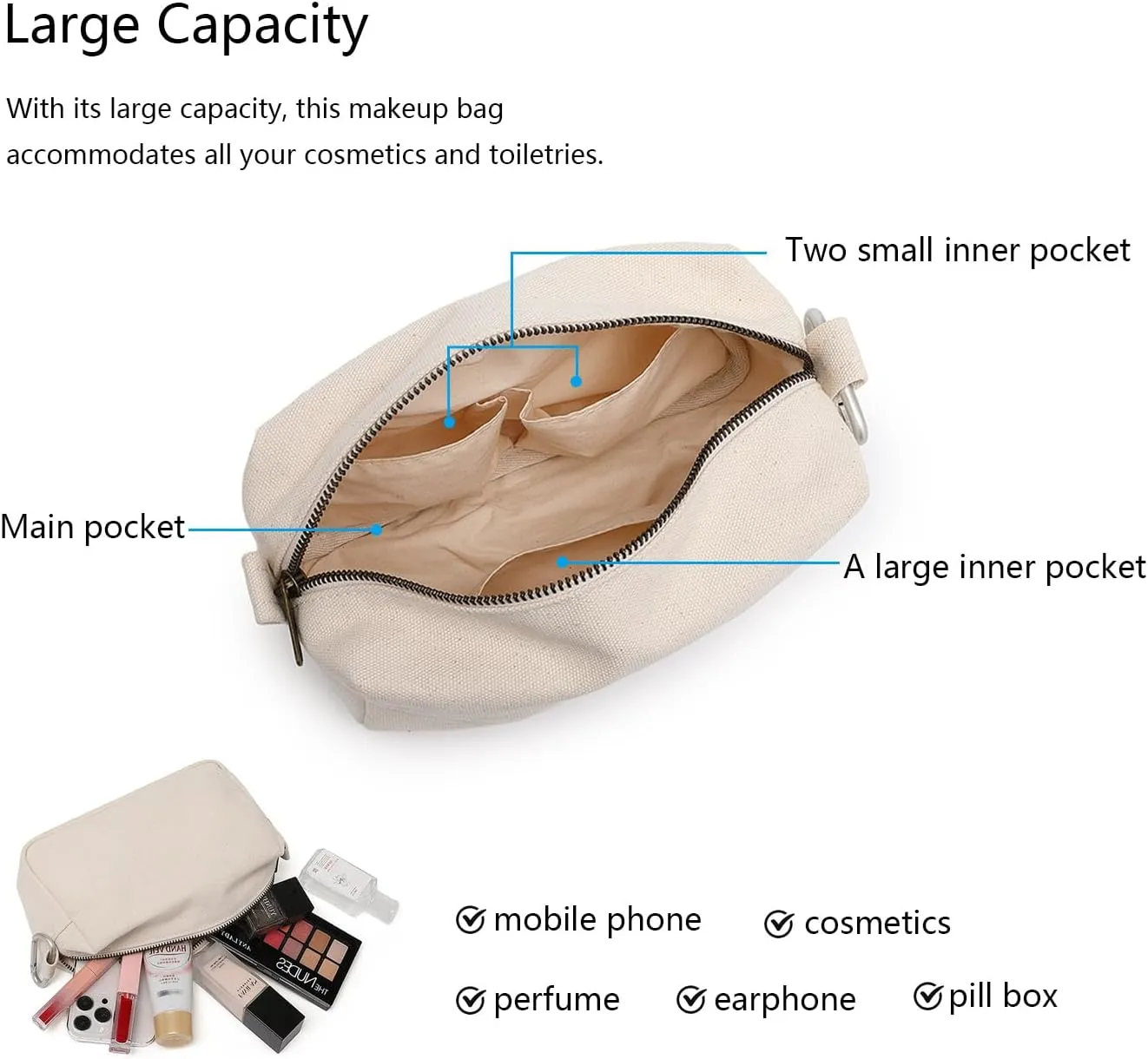 Organizer Bag -Lightweight Cosmetic Bag with Ring Clasp, Perfect Travel Makeup Bag for Women,nylon Stand Up Design (Beige/Canvas)