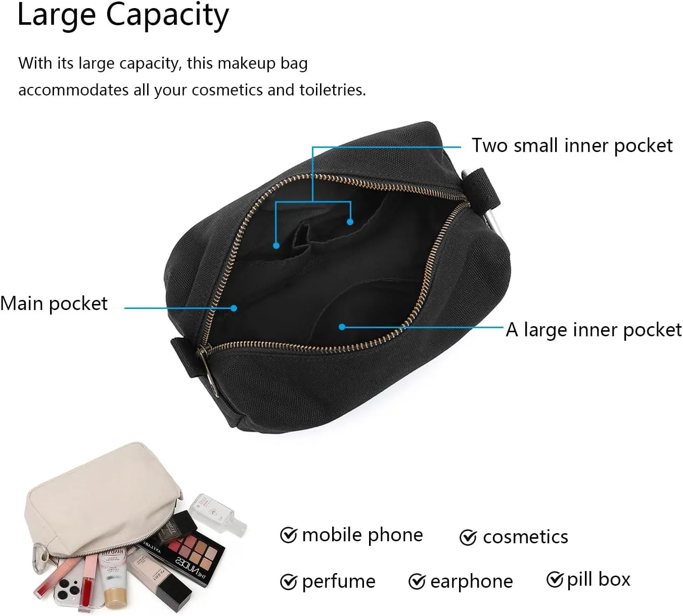 Organizer Bag -Lightweight Cosmetic Bag with Ring Clasp, Perfect Travel Makeup Bag for Women,nylon Stand Up Design (Black/Canvas)