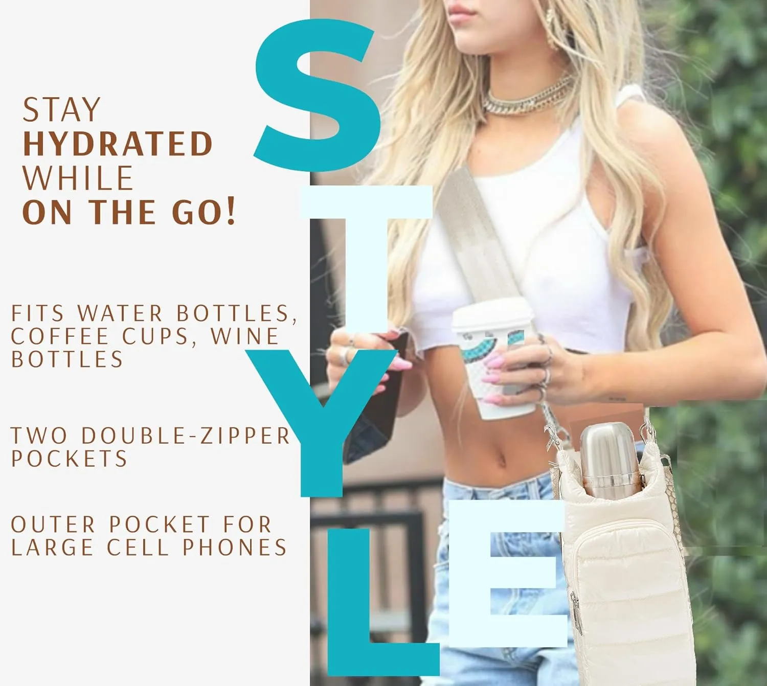 Original Crossbody Water Bottle Holder Bag with Strap.Stylish Puffer Bag.Pockets for Phone & Accessories.BEST GIFT