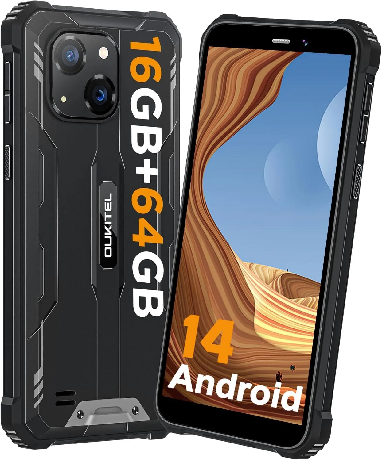 OUKITEL G2 Rugged Phone Unlocked, 6" Screen Cell Phone, 6300mAh Battery, 16GB 64GB/TF 1TB Smartphone, 13MP Camera, 4G Dual SIM Android 14 Phones, IP68/IP69K Waterproof Phone, GPS/T-Mobile, Black