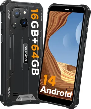 OUKITEL G2 Rugged Phone Unlocked, 6" Screen Cell Phone, 6300mAh Battery, 16GB 64GB/TF 1TB Smartphone, 13MP Camera, 4G Dual SIM Android 14 Phones, IP68/IP69K Waterproof Phone, GPS/T-Mobile, Black