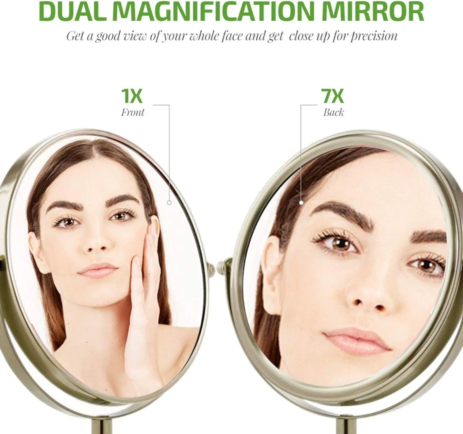 OVENTE 7'' Tabletop Makeup Mirror with 1X/7X Magnification, 360° Swivel Design and Double-Sided Free-Standing Vanity Mirror Perfect for Dresser, Bedroom and Office Desk, Nickel Brushed MNLCT70BR1X7X