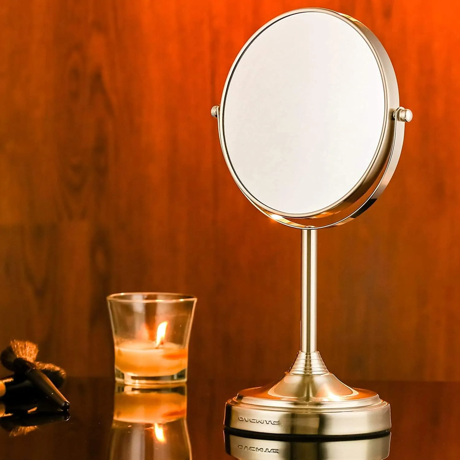 OVENTE 7'' Tabletop Makeup Mirror with 1X/7X Magnification, 360° Swivel Design and Double-Sided Free-Standing Vanity Mirror Perfect for Dresser, Bedroom and Office Desk, Nickel Brushed MNLCT70BR1X7X
