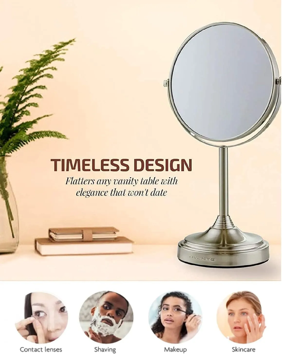 OVENTE 7'' Tabletop Makeup Mirror with 1X/7X Magnification, 360° Swivel Design and Double-Sided Free-Standing Vanity Mirror Perfect for Dresser, Bedroom and Office Desk, Nickel Brushed MNLCT70BR1X7X