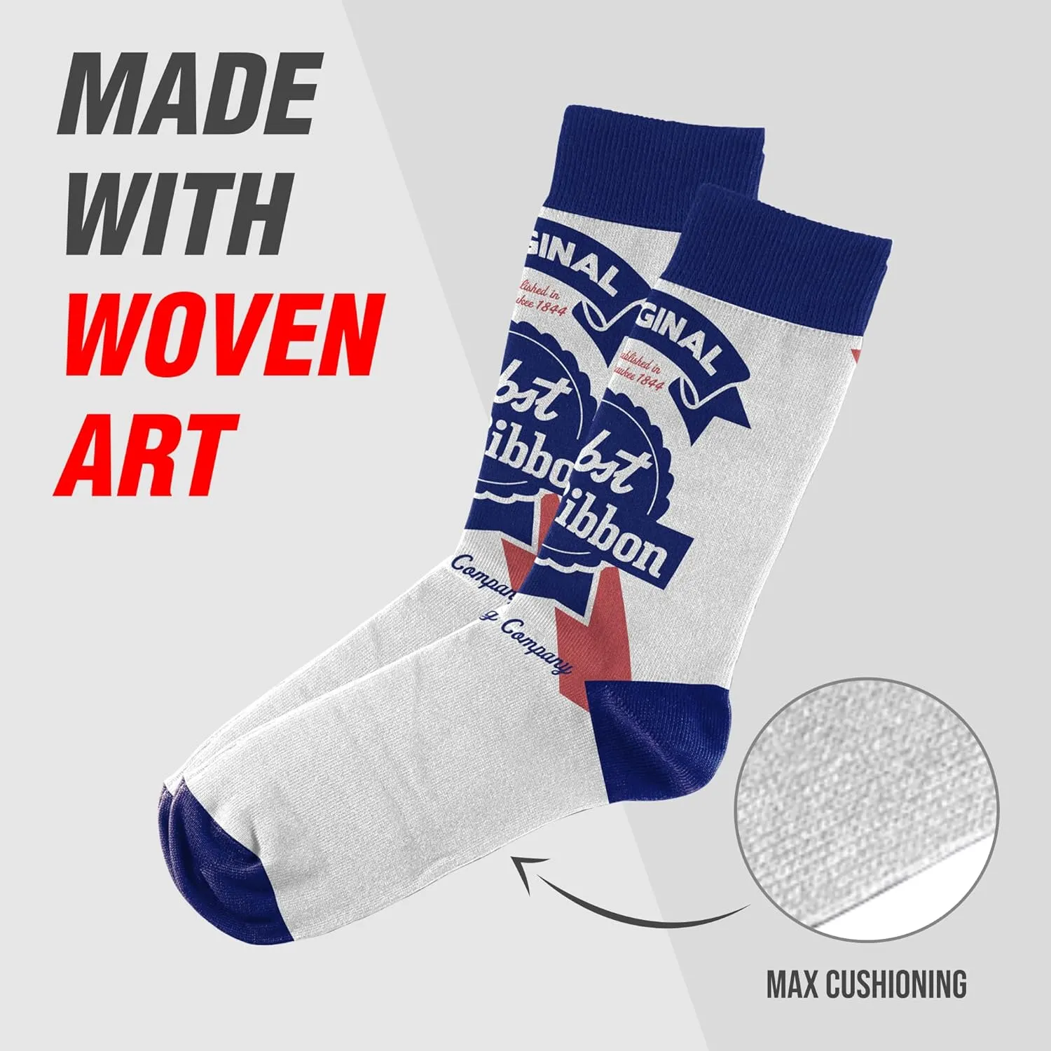 Pabst Blue Ribbon Funny Socks - Unisex Beer Socks For PBR Fans, Fun Silly Socks, Cool Novelty Socks, Comfortable Crew Socks