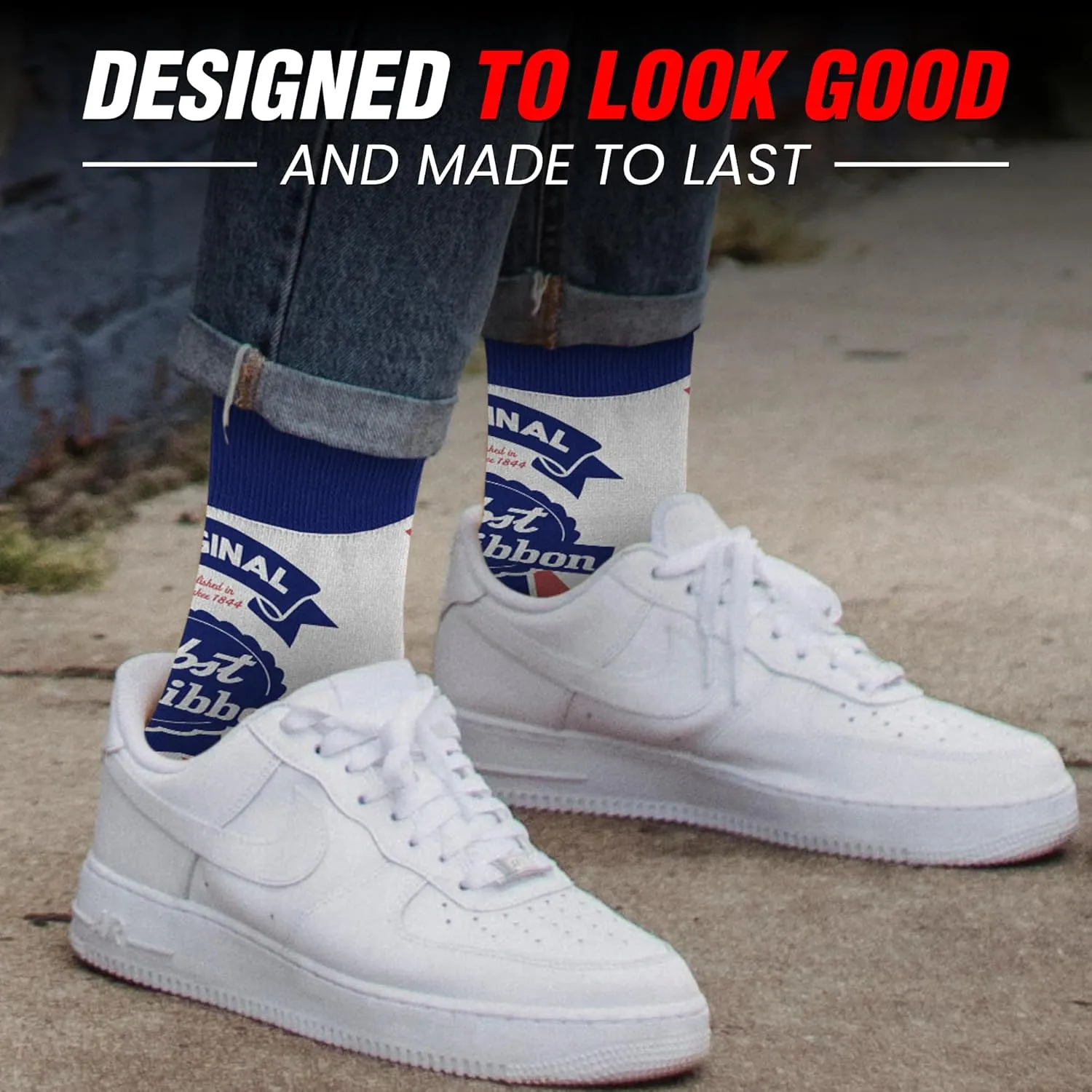 Pabst Blue Ribbon Funny Socks - Unisex Beer Socks For PBR Fans, Fun Silly Socks, Cool Novelty Socks, Comfortable Crew Socks