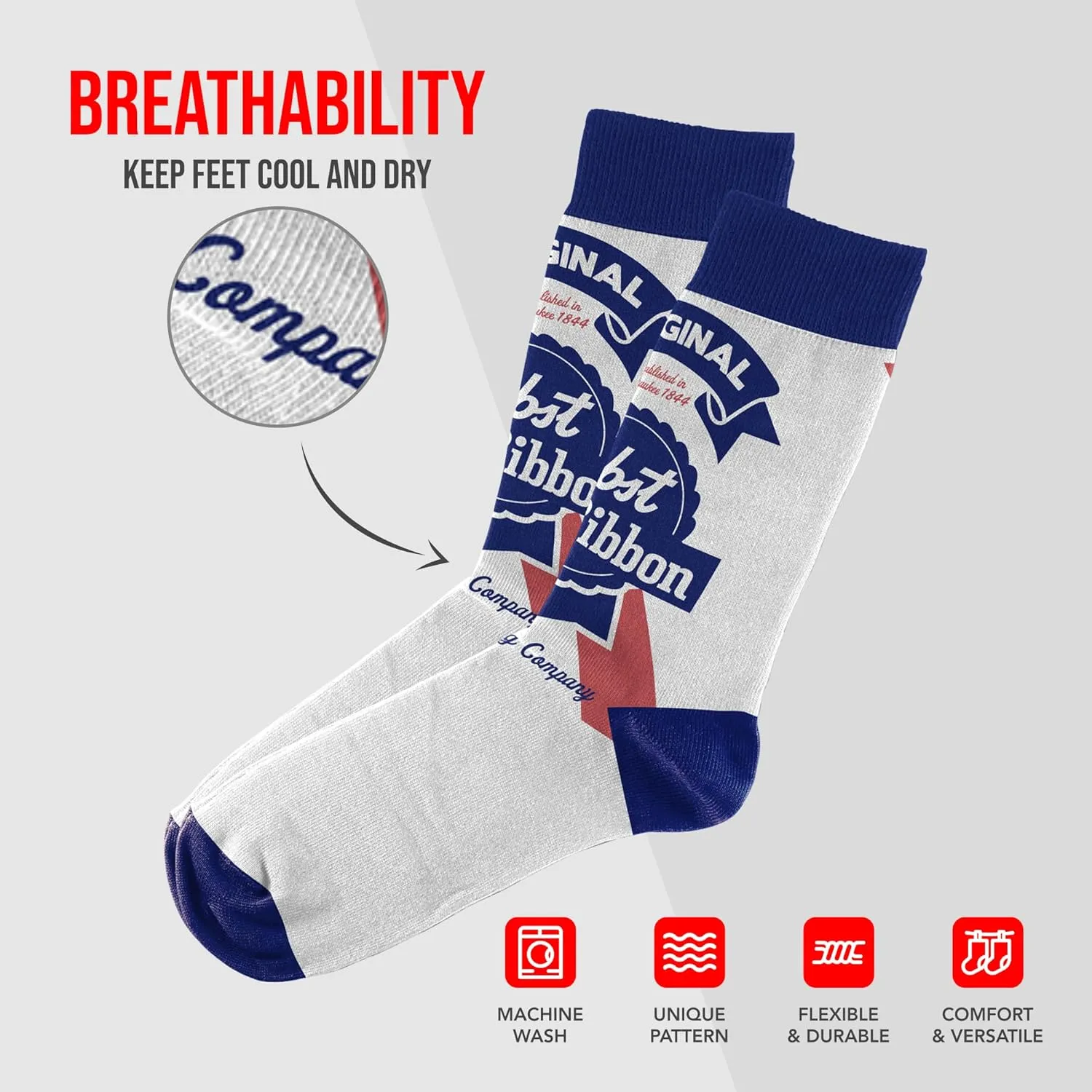 Pabst Blue Ribbon Funny Socks - Unisex Beer Socks For PBR Fans, Fun Silly Socks, Cool Novelty Socks, Comfortable Crew Socks