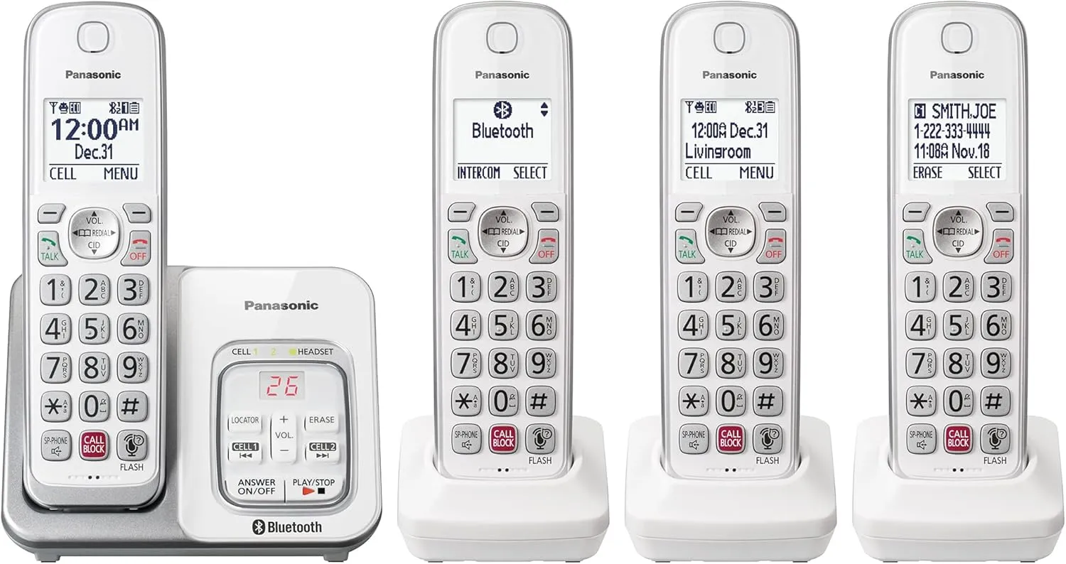 Panasonic Cordless Phone with Answering Machine, Link2Cell Bluetooth, Voice Assistant and Advanced Call Blocking, Expandable System with 4 Handsets - KX-TGD864W (White)