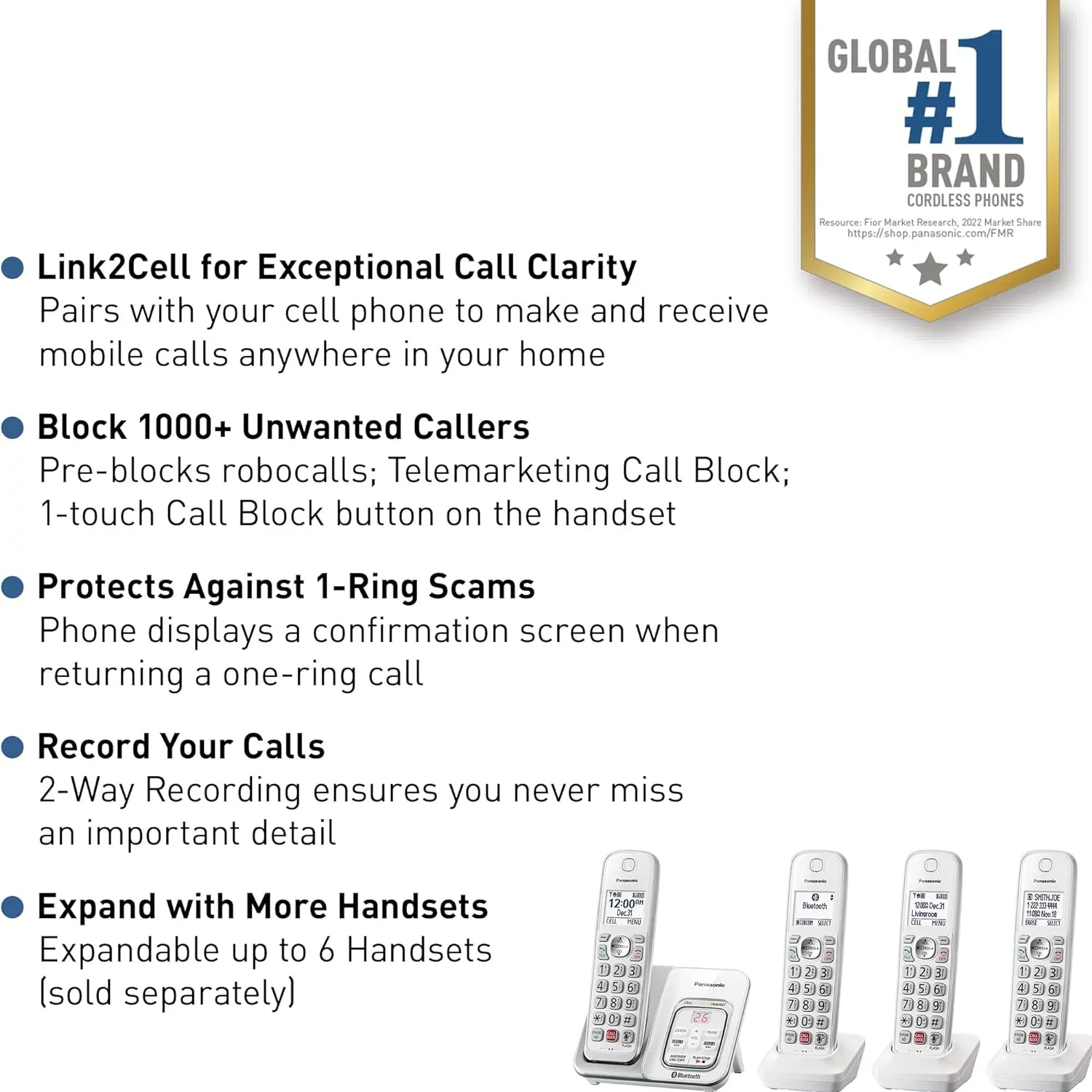 Panasonic Cordless Phone with Answering Machine, Link2Cell Bluetooth, Voice Assistant and Advanced Call Blocking, Expandable System with 4 Handsets - KX-TGD864W (White)