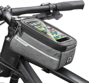 PARDUS Bike/Bicycle Phone Front Frame Bag, 8 x 3.5 x 4 inch, 200g,1L, Polyester, Waterproof Bike Bag, Phone Mount EVA Hard Shell Bike Pouch with Rain Cover Compatible with Phone below 6"", Gray/black