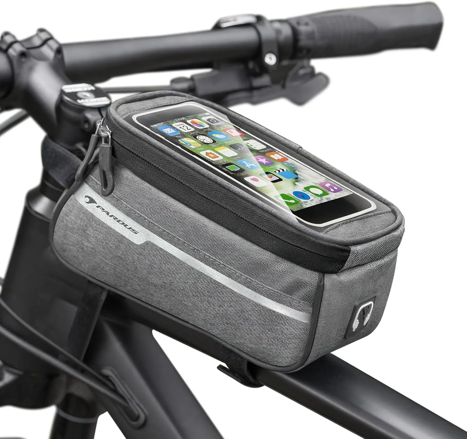 PARDUS Bike/Bicycle Phone Front Frame Bag, 8 x 3.5 x 4 inch, 200g,1L, Polyester, Waterproof Bike Bag, Phone Mount EVA Hard Shell Bike Pouch with Rain Cover Compatible with Phone below 6"", Gray/black