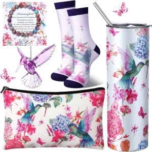 Patelai 5 Pcs Hummingbird Gift Set for Women Hummingbird Makeup Bag 20 oz Tumbler with Straw Novelty Sock Acrylic Ornaments Inspirational Bracelet Bird Lover Gift for Birthday Graduation Party Favors