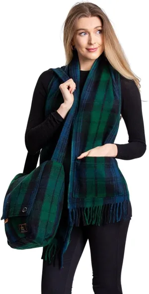 Patrick King Woollen Company Long Merino Wool Scarf with Pockets - Black Watch Fringed Plaid Oversized Scarf 10" x 69" for Men Women Made of Heavy Wool Warm Thick Durable