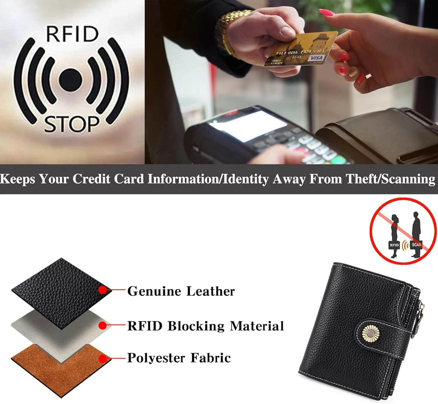 Personalized Customized Small Wallet,Engraved Name Leather Wallets Bifold Card Holder RFID Blocking with Zipper Coin Pocket Purse For Women (Natural grain-Black)