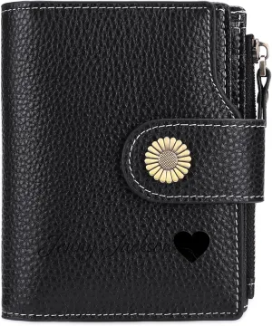 Personalized Customized Small Wallet,Engraved Name Leather Wallets Bifold Card Holder RFID Blocking with Zipper Coin Pocket Purse For Women (Natural grain-Black)