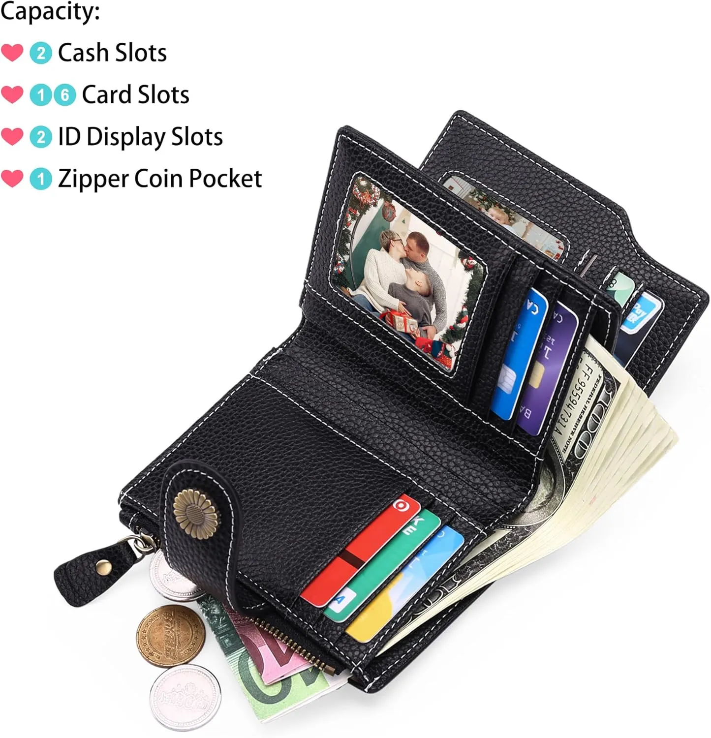 Personalized Customized Small Wallet,Engraved Name Leather Wallets Bifold Card Holder RFID Blocking with Zipper Coin Pocket Purse For Women (Natural grain-Black)