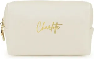 Personalized Makeup Bag, Saffiano Leather Cosmetic Pouch with Custom Name, Gold Monogram, Available in Pink, Black, ivory, Cosmetic Bag Pouch (Ivory)
