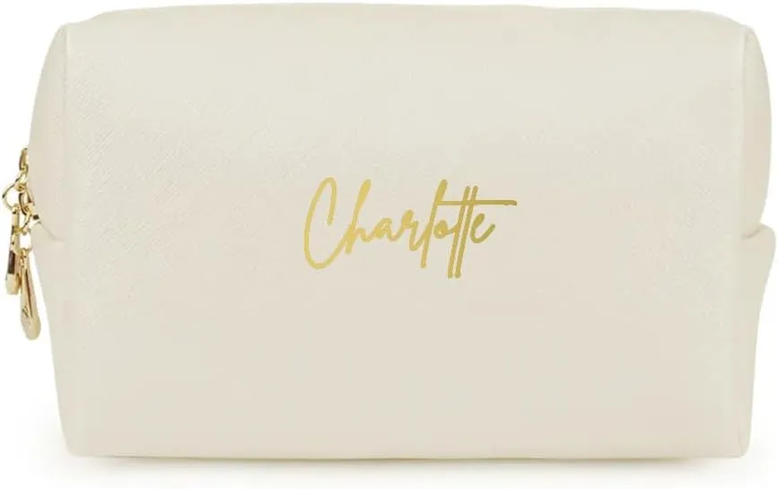 Personalized Makeup Bag, Saffiano Leather Cosmetic Pouch with Custom Name, Gold Monogram, Available in Pink, Black, ivory, Cosmetic Bag Pouch (Ivory)
