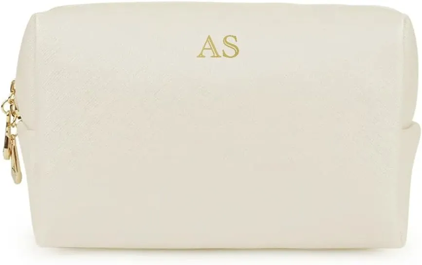 Personalized Makeup Bag, Saffiano Leather Cosmetic Pouch with Custom Name, Gold Monogram, Available in Pink, Black, ivory, Cosmetic Bag Pouch (Ivory)