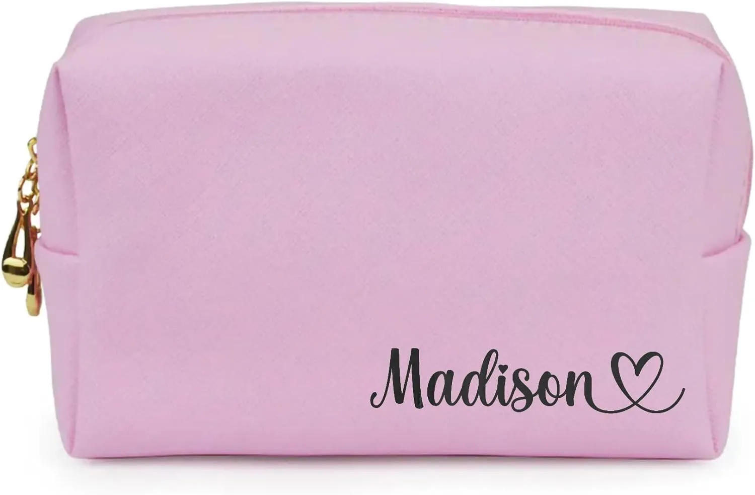 Personalized Makeup Bag, Saffiano Leather Cosmetic Pouch with Custom Name, Gold Monogram, Available in Pink, Black, ivory, Cosmetic Bag Pouch (Pink)