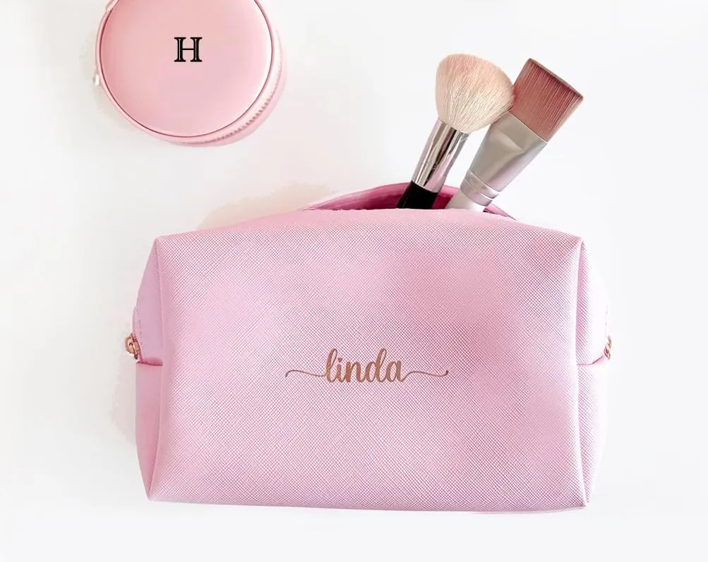 Personalized Makeup Bag, Saffiano Leather Cosmetic Pouch with Custom Name, Gold Monogram, Available in Pink, Black, ivory, Cosmetic Bag Pouch (Pink)