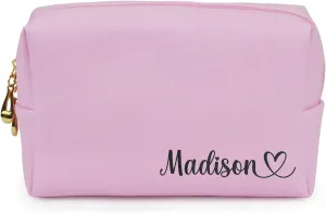 Personalized Makeup Bag, Saffiano Leather Cosmetic Pouch with Custom Name, Gold Monogram, Available in Pink, Black, ivory, Cosmetic Bag Pouch (Pink)
