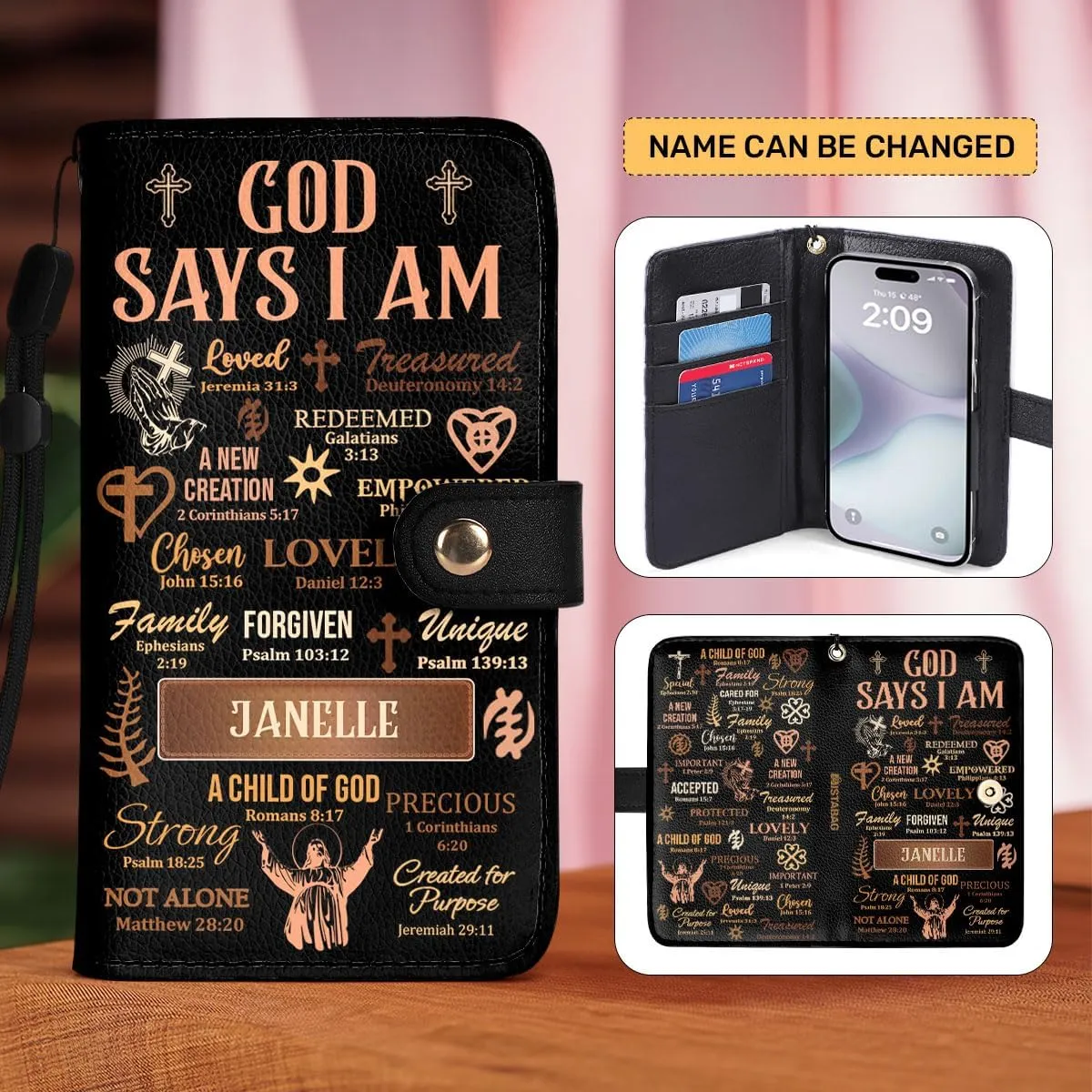 Personalized Phone Case Wallet Case with Card Holder, Sista Bag For Woman, (God Says I Am)