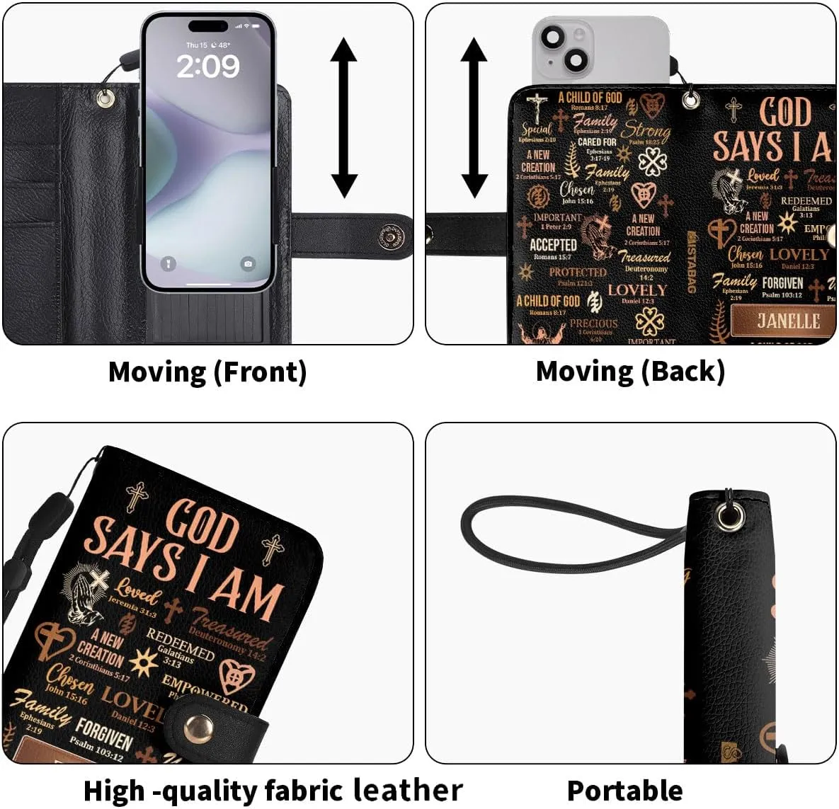 Personalized Phone Case Wallet Case with Card Holder, Sista Bag For Woman, (God Says I Am)