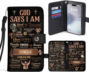 Personalized Phone Case Wallet Case with Card Holder, Sista Bag For Woman, (God Says I Am)