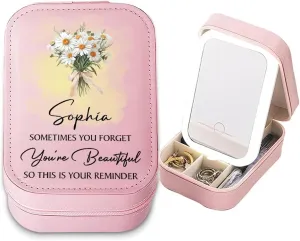 Personalized You're Beautiful Travel Makeup Bag With LED Mirror Leather, Custom Name Makeup Organizer Portable Jewelry Organizer Case Valentine's, Birthday, Christmas Gifts for Women, Wife, Mother