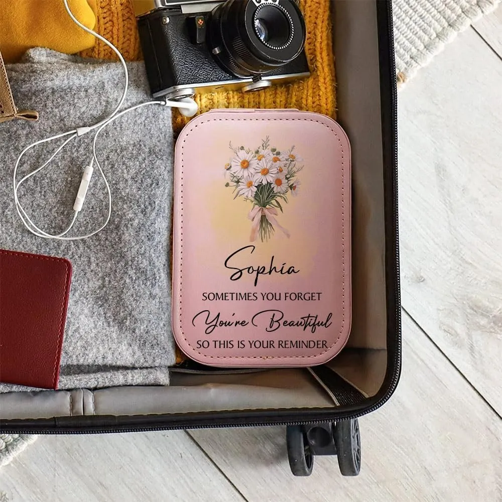 Personalized You're Beautiful Travel Makeup Bag With LED Mirror Leather, Custom Name Makeup Organizer Portable Jewelry Organizer Case Valentine's, Birthday, Christmas Gifts for Women, Wife, Mother