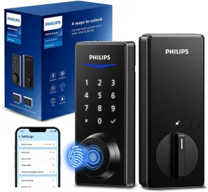 Philips Fingerprint Keyless Entry Door Lock with App Control, Front Door Smart Lock Deadbolt, 9Months Battery, IP53 Waterproof, BHMA Grade 3-Matte Black