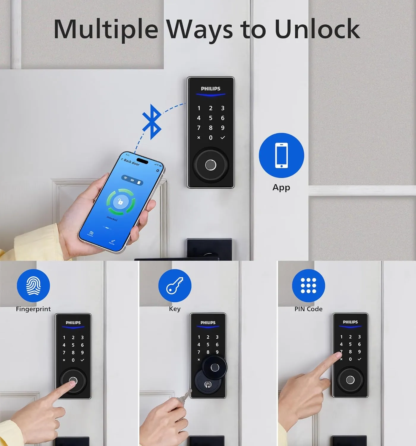 Philips Fingerprint Keyless Entry Door Lock with App Control, Front Door Smart Lock Deadbolt, 9Months Battery, IP53 Waterproof, BHMA Grade 3-Satin Nickel