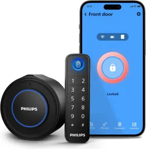 Philips WiFi Smart Lock with Fingerprint Keypad, Turn Your Existing Deadbolt into Smart Door Lock, Built-in WiFi, APP Remote Control, Keyless Entry Door Lock, Auto-Locking, Status Logging, Black
