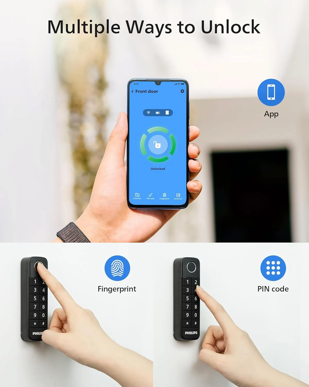 Philips WiFi Smart Lock with Fingerprint Keypad, Turn Your Existing Deadbolt into Smart Door Lock, Built-in WiFi, APP Remote Control, Keyless Entry Door Lock, Auto-Locking, Status Logging, Black