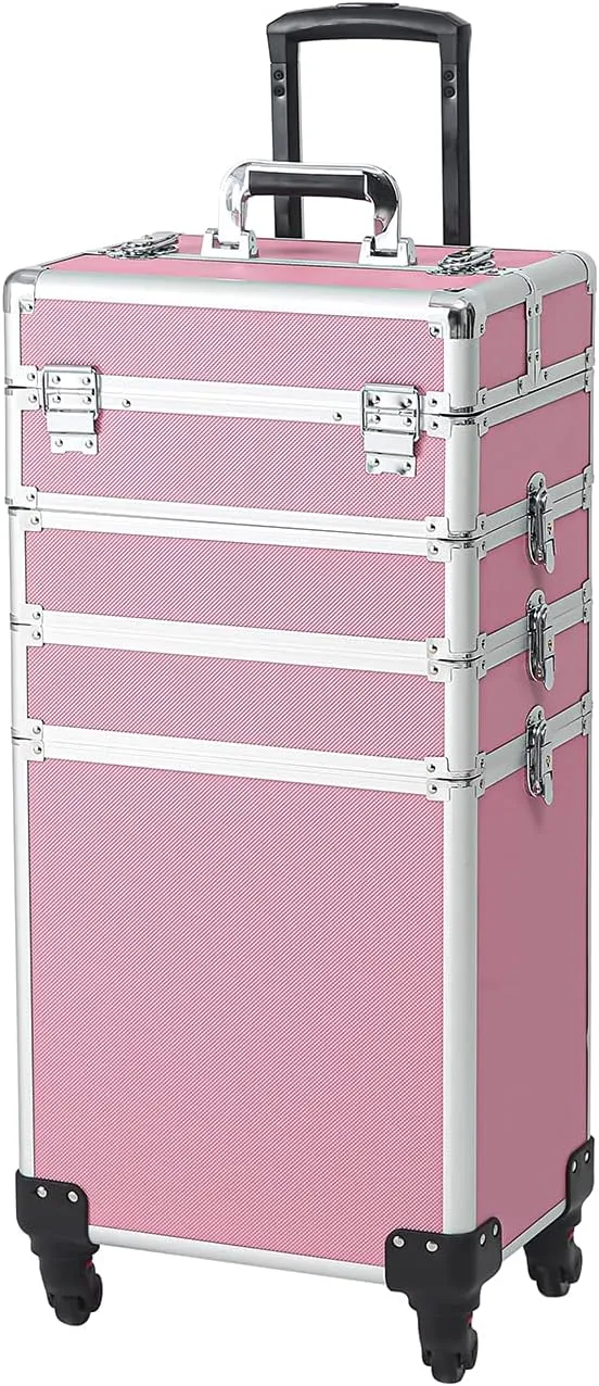Pink Rolling Makeup Train Case Large Storage Cosmetic Trolley 4 in 1 Large Capacity Trolley Makeup Travel Case with Key Swivel Wheels Salon Barber Case Traveling Cart Trunk