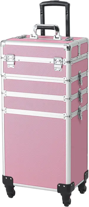 Pink Rolling Makeup Train Case Large Storage Cosmetic Trolley 4 in 1 Large Capacity Trolley Makeup Travel Case with Key Swivel Wheels Salon Barber Case Traveling Cart Trunk