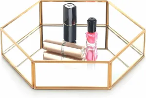 PinkBoss Glass Makeup Tray Handmade Perfum Mirror Storage for Vanity (Gold)