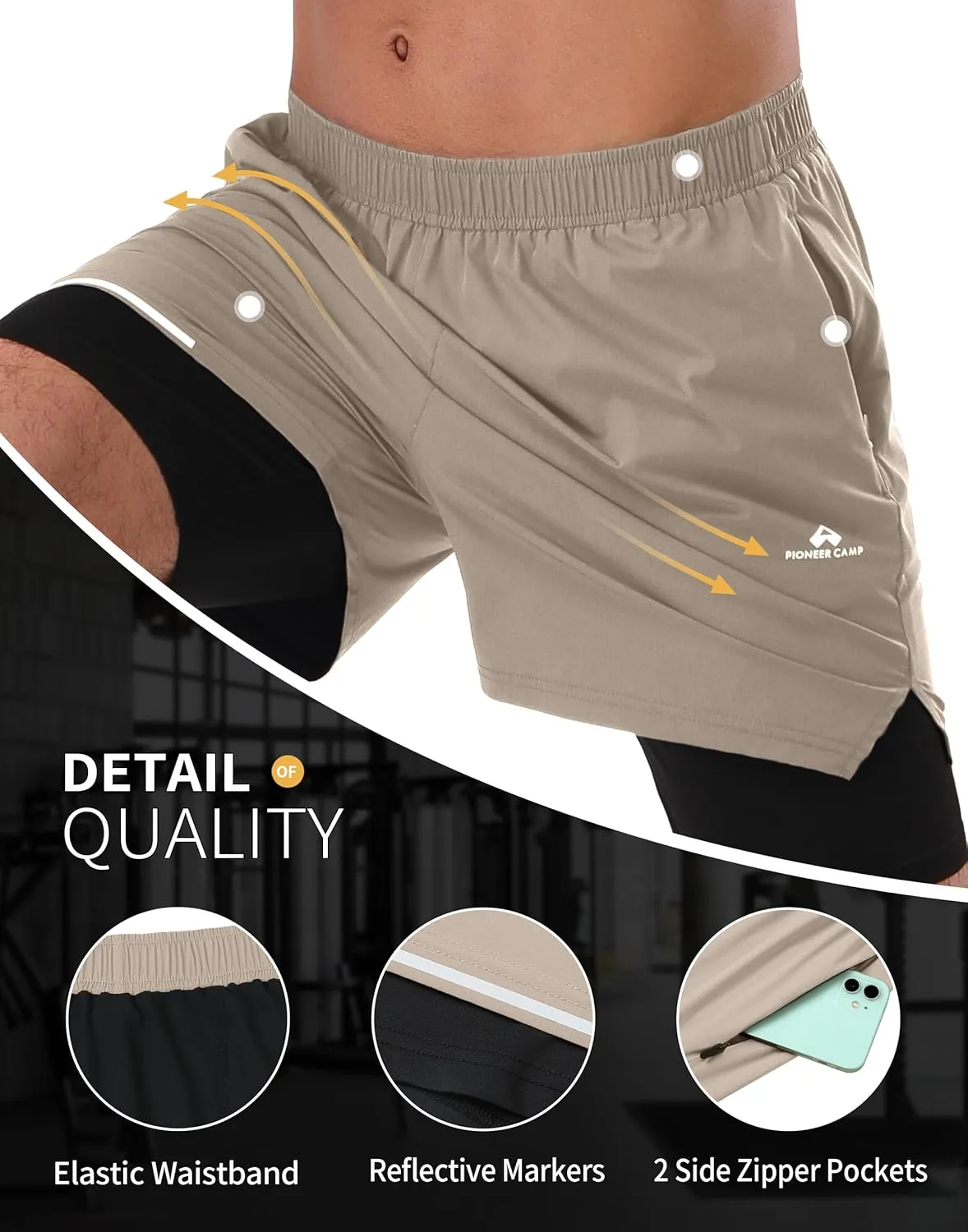 Pioneer Camp Men's Gym Running Shorts with Zipper Pockets 5 inch Inseam 2 in 1 Quick Dry Workout Athletic Shorts with Liner