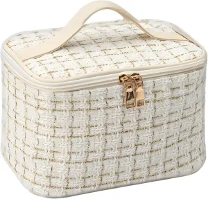 Plaid Travel Makeup Bag, Portable Toiletries Organizer, Bathroom Storage Case (White)