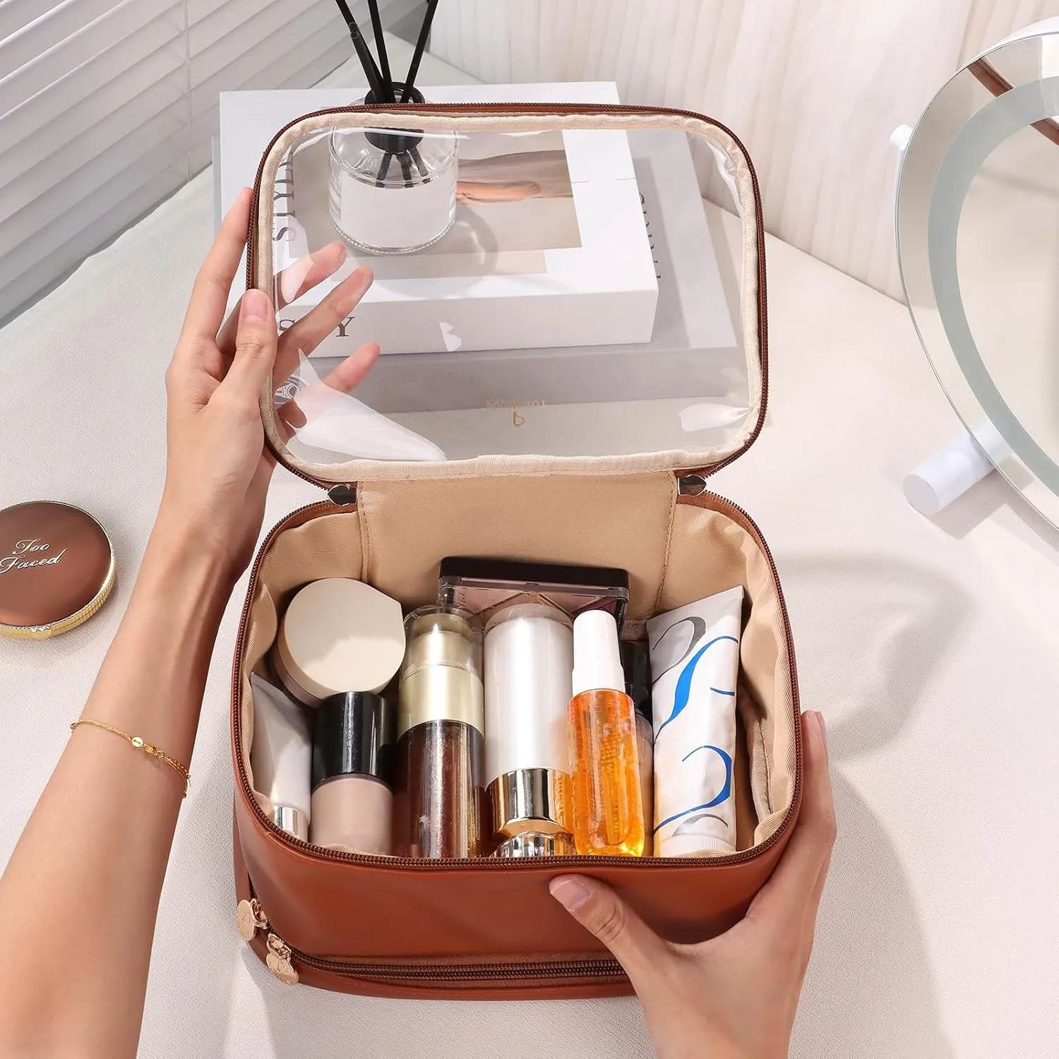 Pocmimut Makeup Bag,Clear Toiletry Bag Makeup Case,Large Travel Clear Makeup Bag for Women for Travel Essentials Organizers Accessories Makeup Brushes,Brown