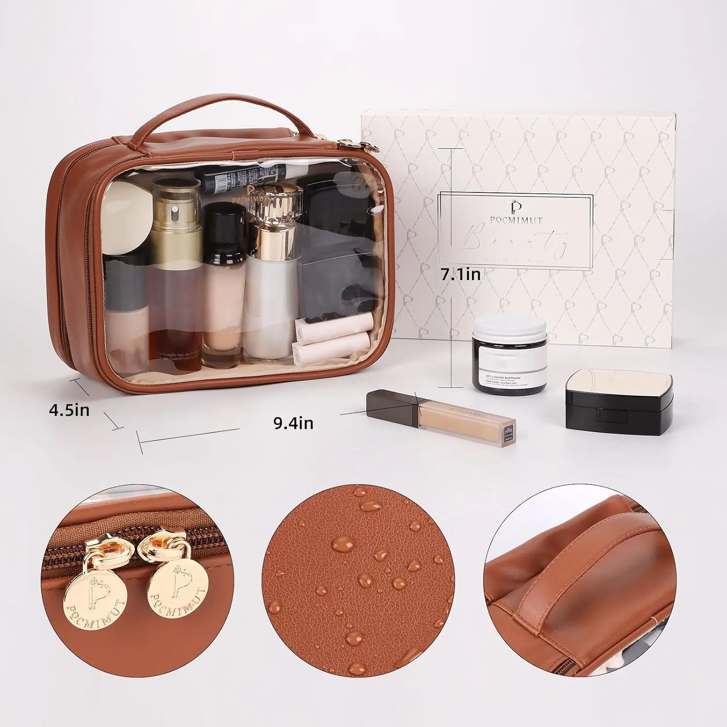 Pocmimut Makeup Bag,Clear Toiletry Bag Makeup Case,Large Travel Clear Makeup Bag for Women for Travel Essentials Organizers Accessories Makeup Brushes,Brown
