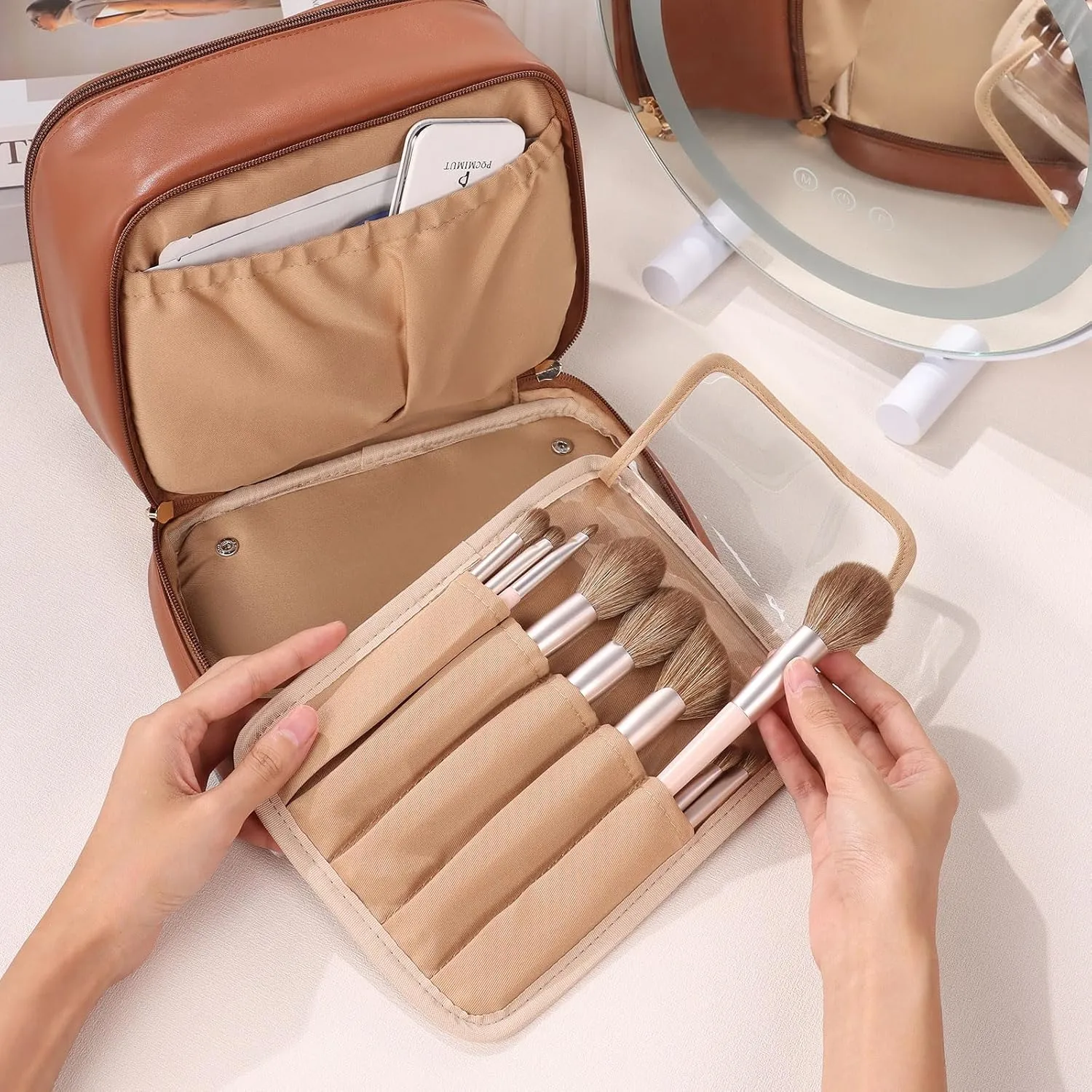 Pocmimut Makeup Bag,Clear Toiletry Bag Makeup Case,Large Travel Clear Makeup Bag for Women for Travel Essentials Organizers Accessories Makeup Brushes,Brown