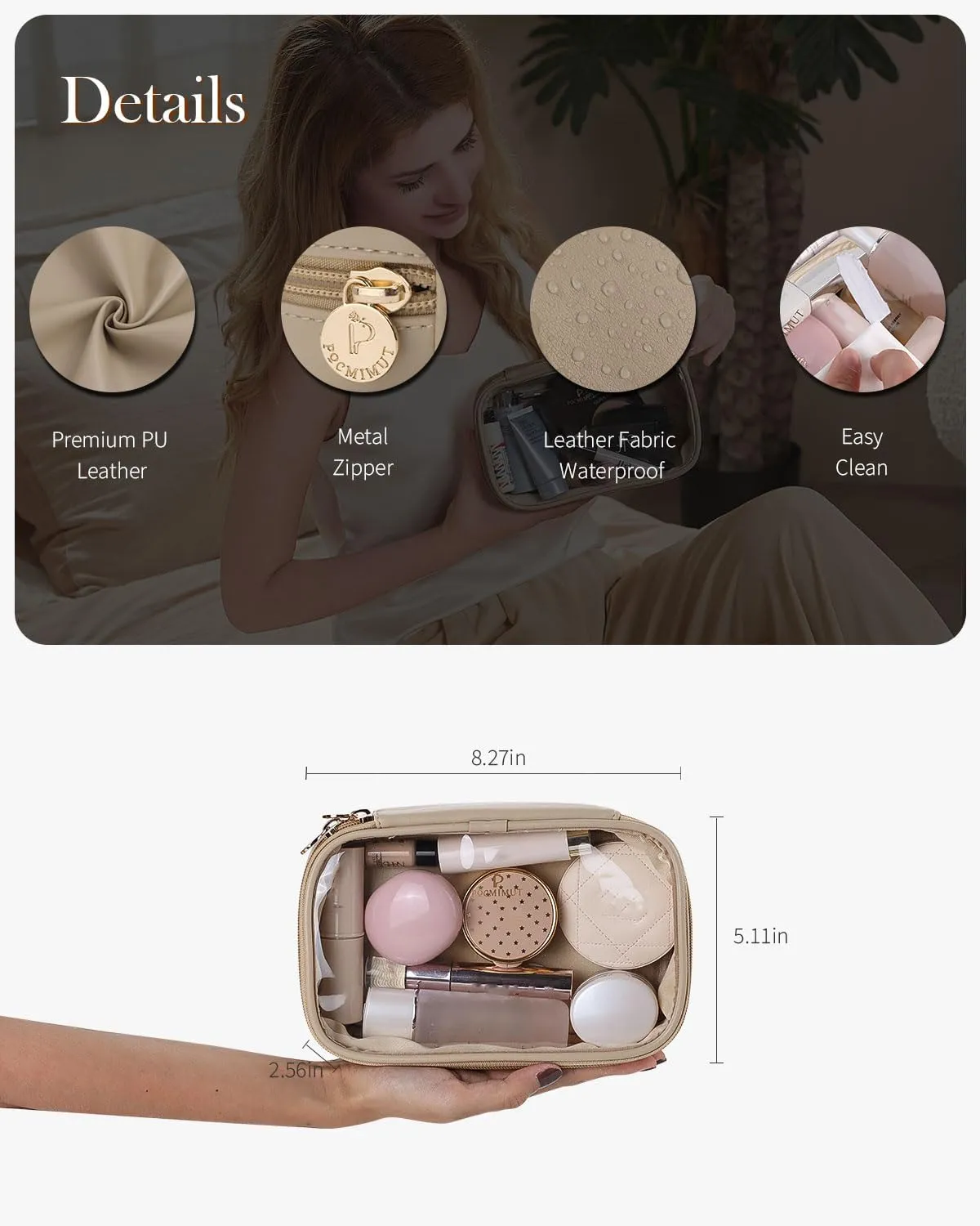 Pocmimut Makeup Bag,Small Makeup Bag Clear Travel Makeup Bag Car Accessories Storage for Women,Travel Essentials Organizers,Apricot