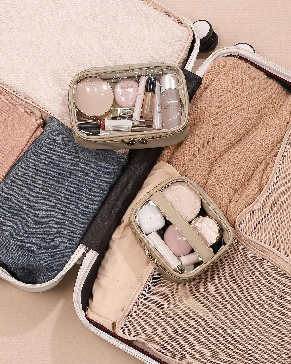 Pocmimut Makeup Bag,Small Makeup Bag Clear Travel Makeup Bag Car Accessories Storage for Women,Travel Essentials Organizers,Apricot