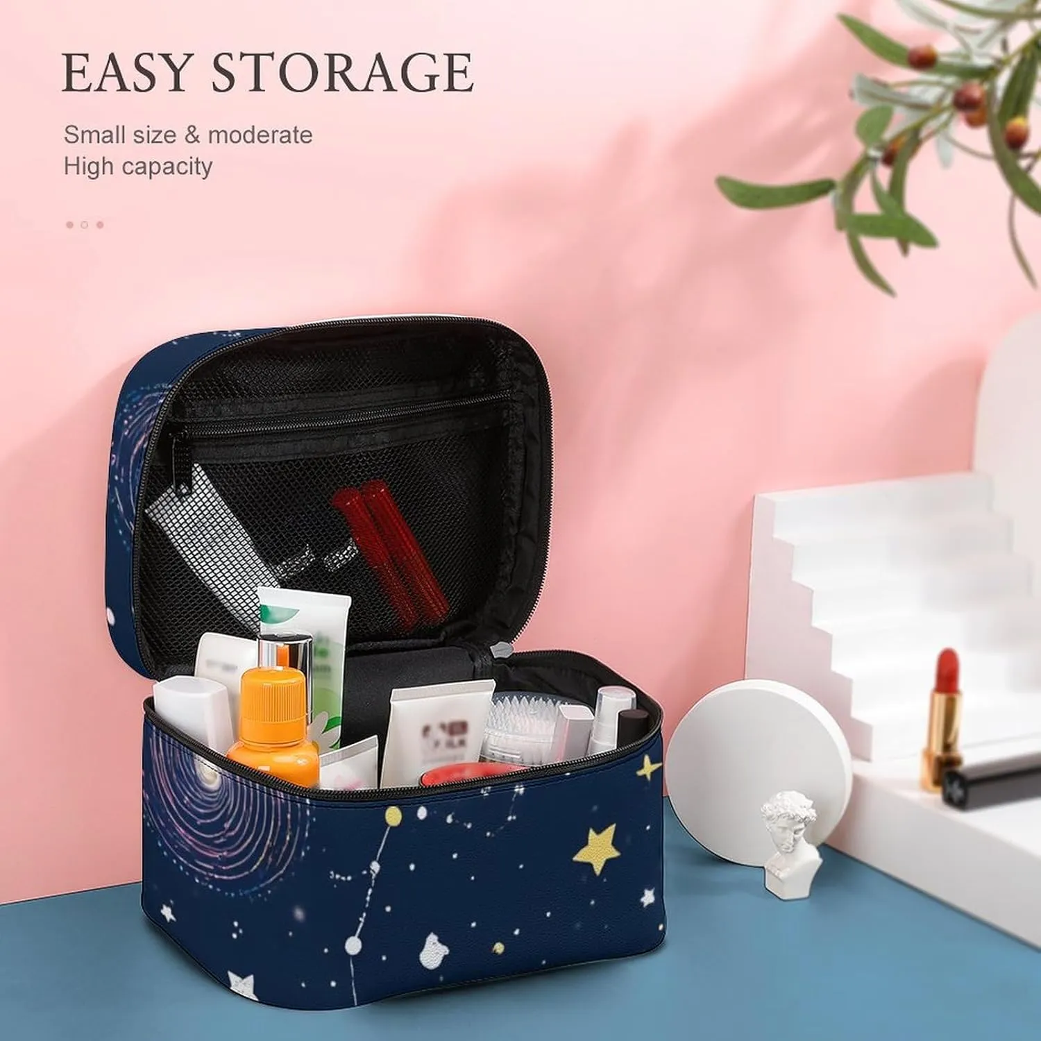Portable Large Makeup Organizer Case for Women, Space Galaxy Constellation Zodiac Starry Night Stars Toiletry Brushes Storage Bag Travel Cosmetic Accessories