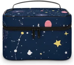 Portable Large Makeup Organizer Case for Women, Space Galaxy Constellation Zodiac Starry Night Stars Toiletry Brushes Storage Bag Travel Cosmetic Accessories